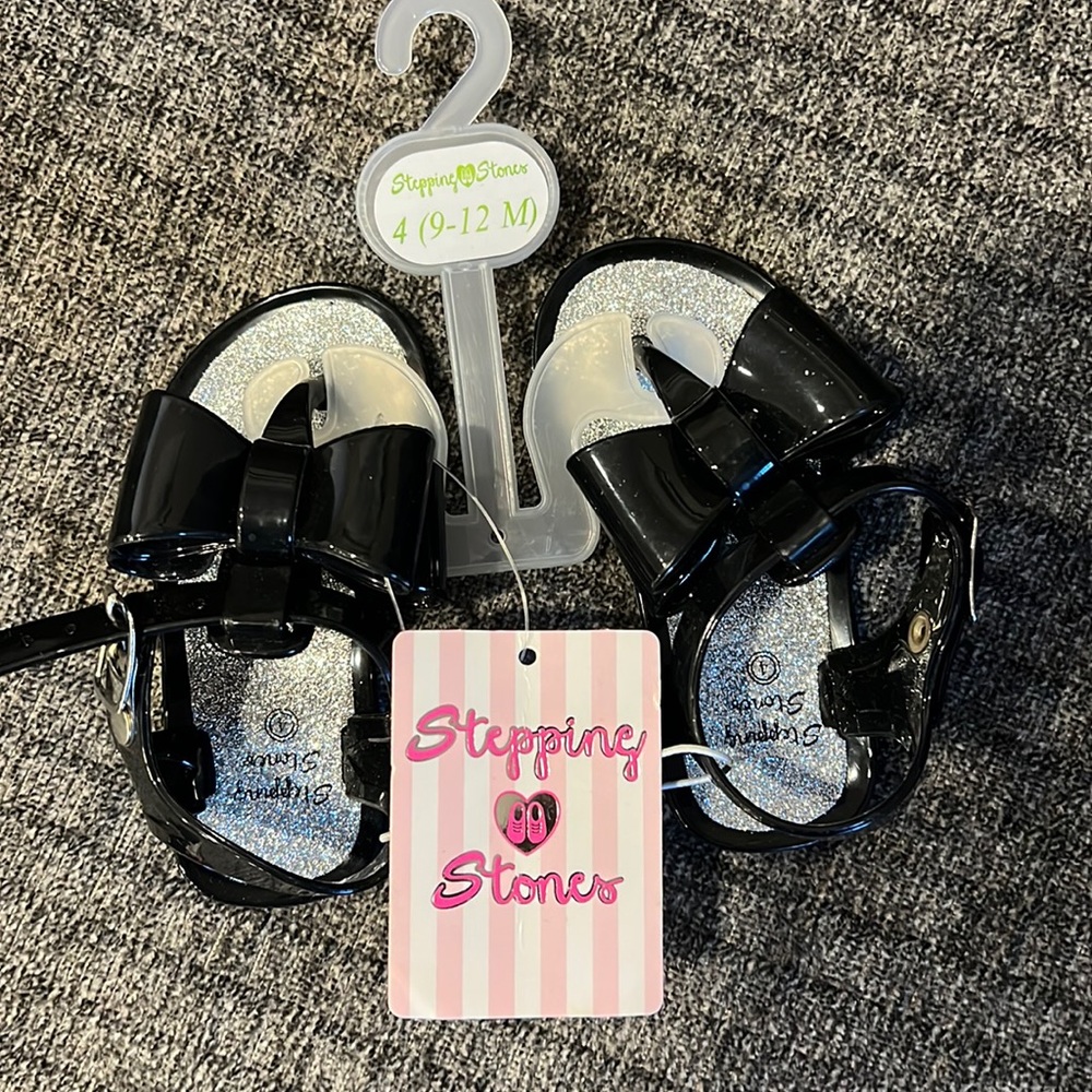 Stepping stones rubber baby girl Sandals black bow 9-12 months
